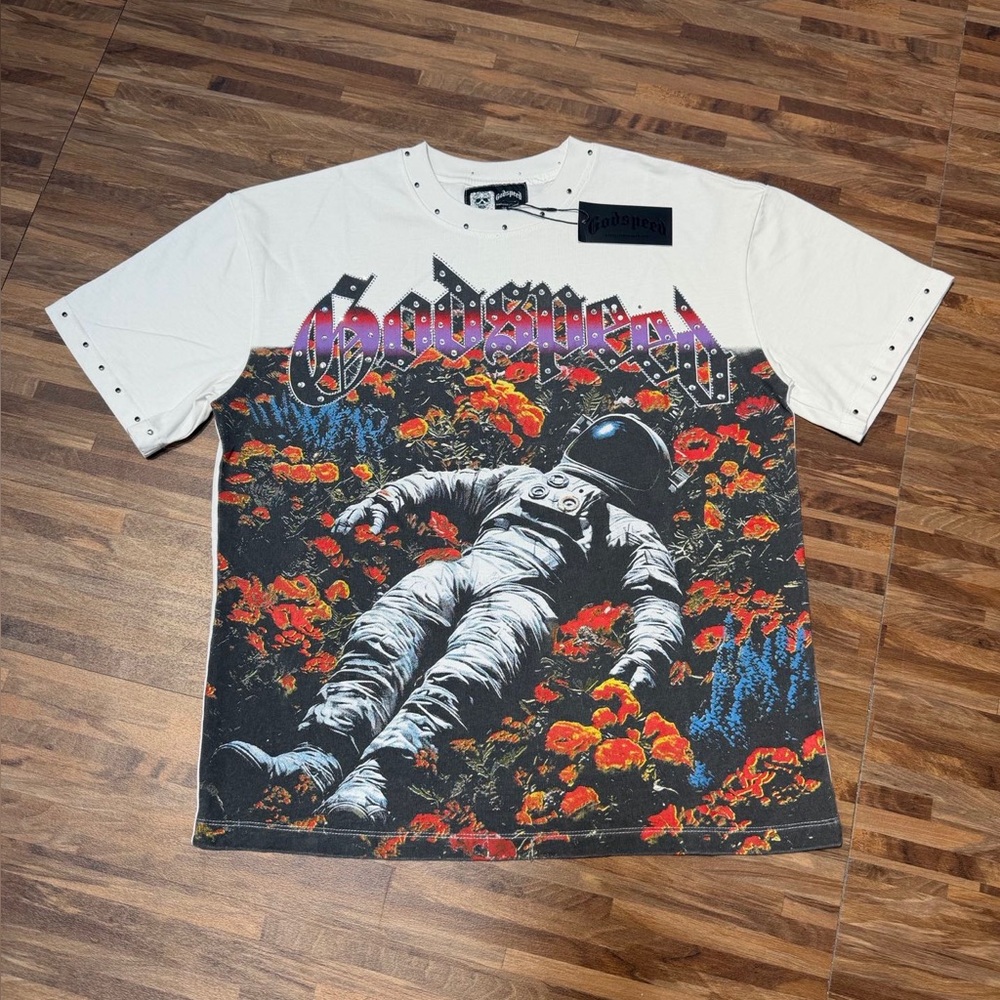 White Graphic Astronaut Floral Short Sleeve Tee by Godspeed